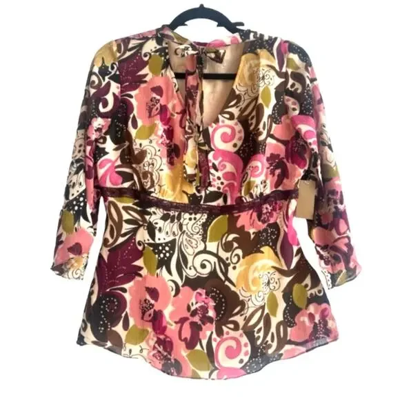 I.e. Petite Vintage 100% Silk Retro, 90's, Y2K Floral Blouse with Neck Tie - Picture 1 of 7